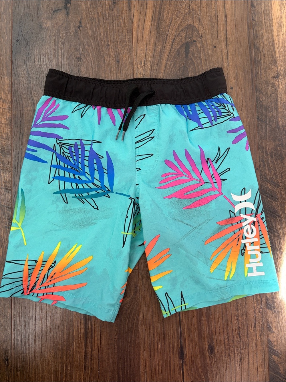 Hurley Teal Board Shorts with Multicolor Tropical Leaf Print